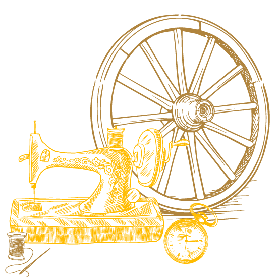 Illustration von einem Wagenrad, einer Nähmaschine, einer Taschenuhr und einer Nadel mit Faden