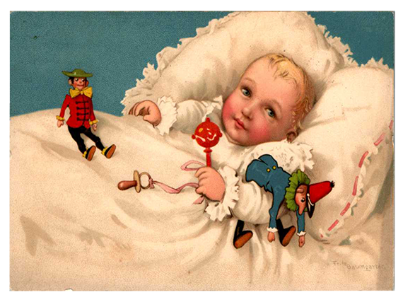 Antike Künstlerkarte mit Baby und Spielfiguren