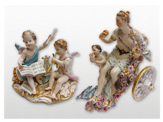 Beispiel Meissen Porzellanfiguren Engel und Venus und Amor im Muschelwagen